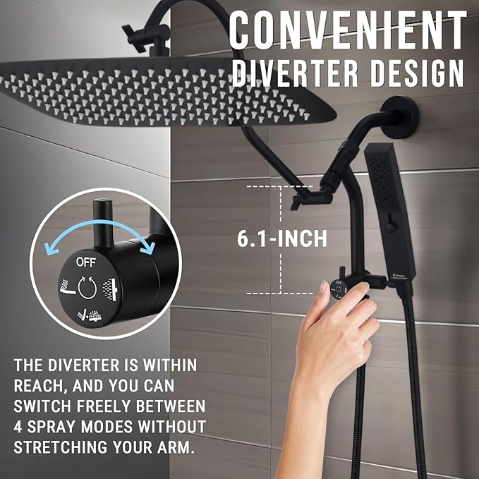 G-Promise 14 Inches Shower faucet Sets Complete, All Metal Rainfall Shower Head and Handle Set, Extended Downward Diverter, Extension Arm, Pressure Balance Rough-in Valve and Tub Spout Included