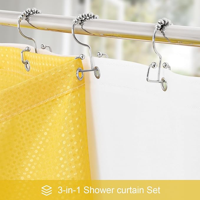 3 in 1 Extra Long Yellow Shower Curtain Set-72 W x 84 H, Modern Waffle and PEVA Liner Set with 12 Stainless Steel Hooks, Waterproof Fabric for Bathroom