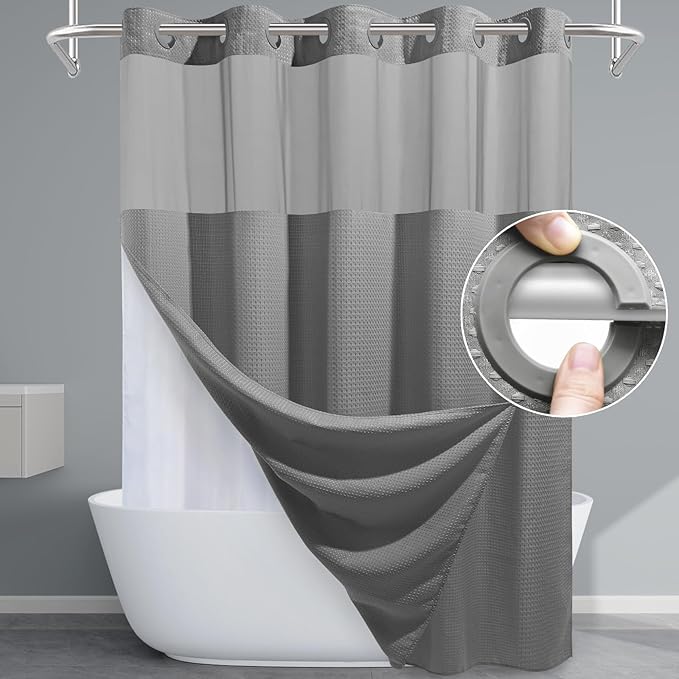 Grey Shower Curtain and Liner Set - 230GSM Waffle Weave Textured Heavy Duty,Hotel Luxury Weighted Bath Curtain,71W x 74H