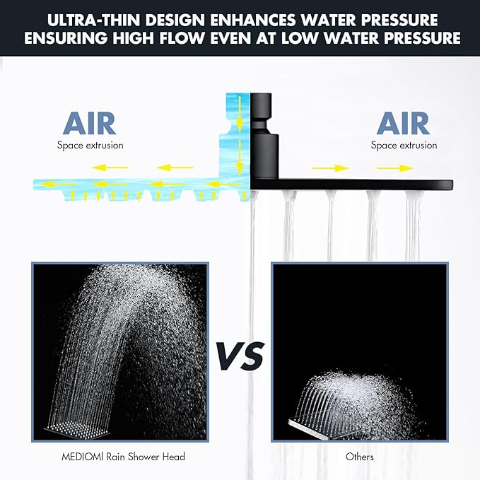 Rainfall Shower Head, MEDIOMI Rain Shower Head Set - Ultra-Thin Design High Flow Stainless Steel Large Square Rain Shower Heads with Shower Arm and Flange (8-Inch, Matte Black)