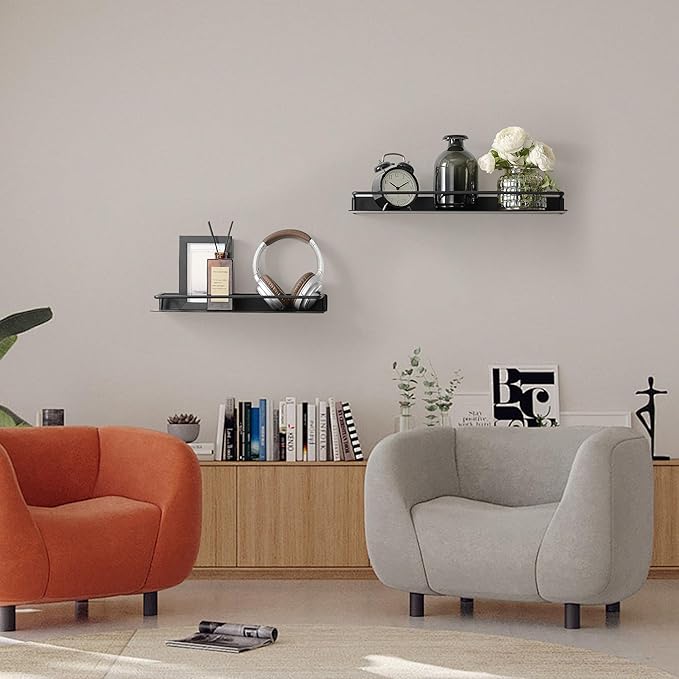 Metal Wall Shelf, Metal Floating Shelf, Black Floating Shelf, Small Shelf for Wall, Display Shelves for Bathroom Bedroom Kitchen (Black, 20Inch)