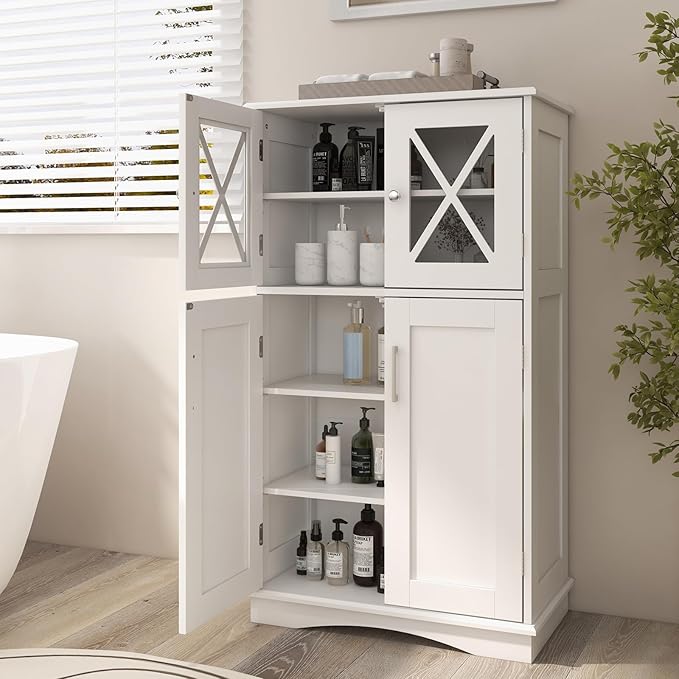 Tangkula Freestanding Floor Cabinet w/2 Glass Doors, 3-Level Adjustable Shelves, Anti-toppling, Kitchen Pantry Cupboard for Bathroom & Living Room (White)