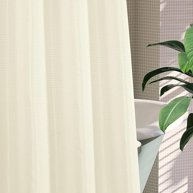 MitoVilla No Hooks Needed Ivory Waffle Shower Curtain Liner Set, Modern Waffle Weave Heavy Duty Fabric Cloth Shower Curtain with Snap-in Liner for Luxury Neutral Hotel Spa Bathroom Decor