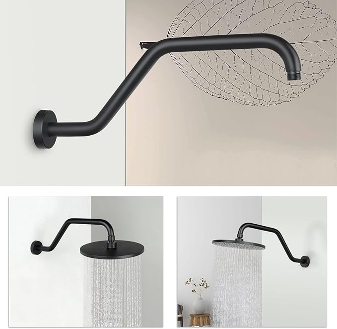 S Shape Shower Arm with Flange,High Rise Shower Head Extension Arm,Stainless Steel 15.5 Inch Shower Arm Extension,Matte Black,9Z3MK