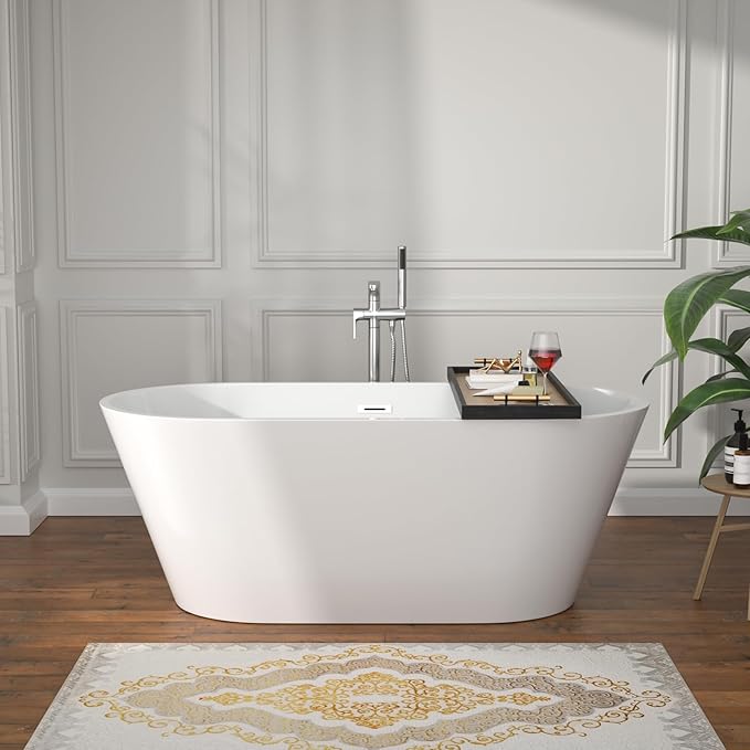 59" Freestanding Acrylic Bathtub White Roll Top Soaking Tub with Black Drain Sleek Finish for Contemporary Bathrooms, YSB9219