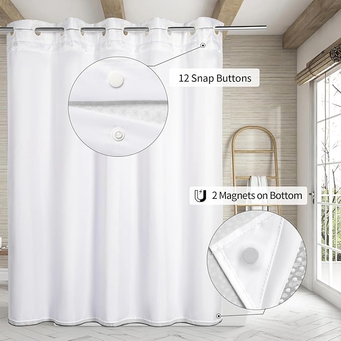 MitoVilla No Hooks Needed Grey Ombre Waffle Shower Curtain Liner Set, Modern Waffle Weave Heavy Duty Fabric Cloth Shower Curtain with Snap-in Liner for Luxury Neutral Hotel Spa Bathroom Decor, 72 x 74