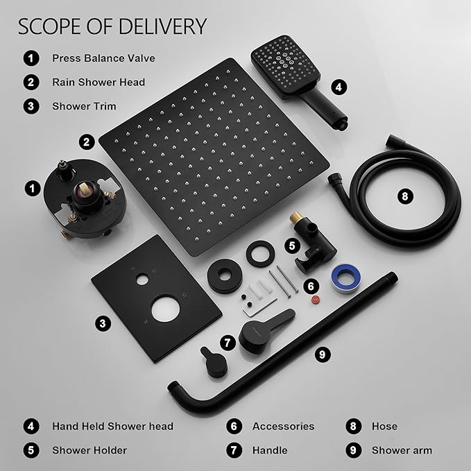 Shower Faucet Set Wall Mounted Shower head with Handheld Comb Rain System 6 Function Pressure Balance - Stainless Steel Bathroom Shower Kit Complete 12 Inch Matte Black(With Valve)