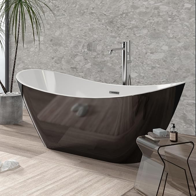 59 Inch Acrylic Freestanding Bathtub, Soaking Bathtub with Matte Drain and Overflow, Modern Square Tub with Deep Ergonomic Design, Double-Walled Insulation for Bathroom Relaxation, cUPC Certified