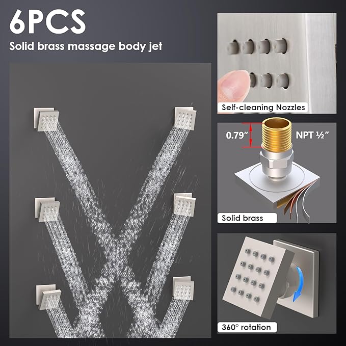 Enga Shower System with Body Jets 12 Inch Ceiling Mounted Rain Shower and Handheld Sprays Brass Full Body Massage Spa Jets Contain Rough-in Shower Valve, Brushed Nickel