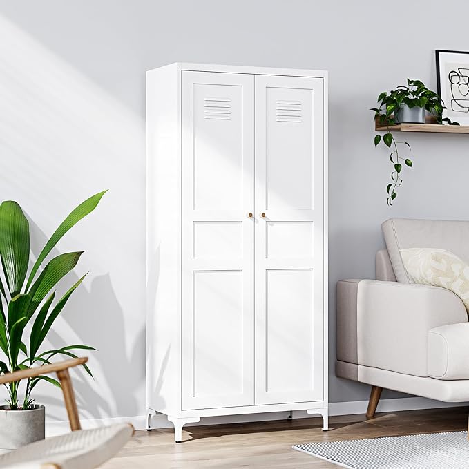 Yizosh Metal Storage Cabinet with 2 Doors and 4 Adjustable Shelves - 61" White Kitchen Pantry Storage 5-Tier Tall Steel Cabinets Locker for Kitchen, Living Room, Dining Room