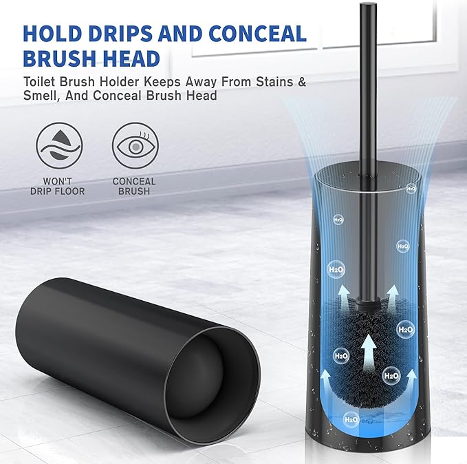 Toilet Brush and Holder, Toilet Brush Stainless Steel, Toilet Bowl Brush for Bathroom Toilet-Ergonomic, Elegant,Durable (Black)