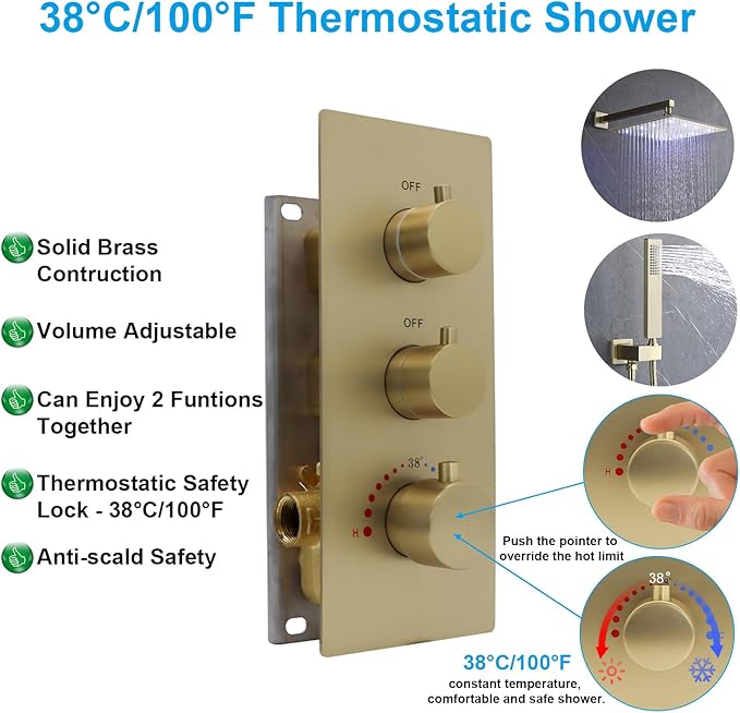 HOMEDEC 2 Way Shower Diverter Valve, Brass Dual Functions Thermostatic Shower Mixing Valve Kit 3 Handle Flow Control Valve, 3/4 Inch Inlet, Can Run Simultaneously(Brushed Gold)