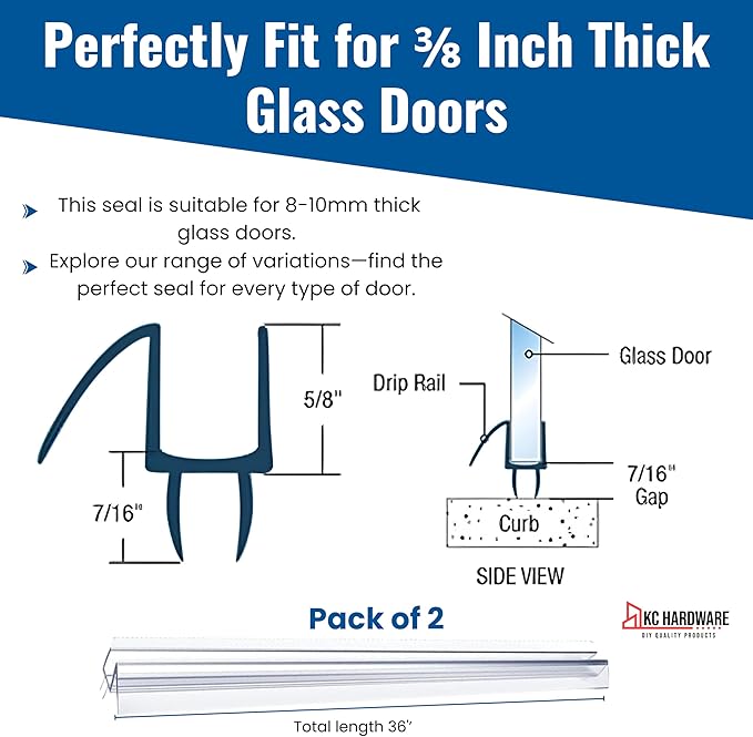 KC Hardware Frameless Shower Door Bottom Seal Strip with Drip Rail - Shower Door Seal Sweep for 3/8 Inch Thick Glass - Acts as a Leak Guard to Prevent Water Leaks - 36 Inch - Ultra Clear - Pack of 2