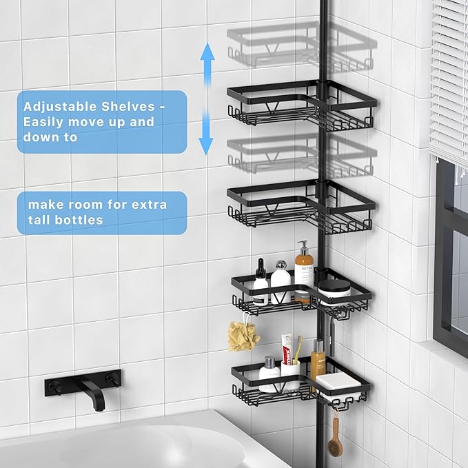 Corner Shower Caddy - 24 Hanging Hooks, Tension Pole Adjustable 25-114.2 Inch, Bathtub Organizer for Tub Corner - No Drilling, Black