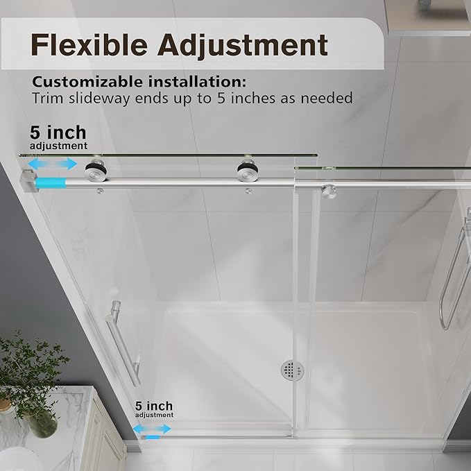 Frameless Glass Shower Door, 55-60" W x 76" H Sliding Frameless Shower Door, 1/4''(6mm) SGCC Tempered Glass, Explosion-Proof Film Nano Coating, Stainless Steel Hardware, Brushed Nickel