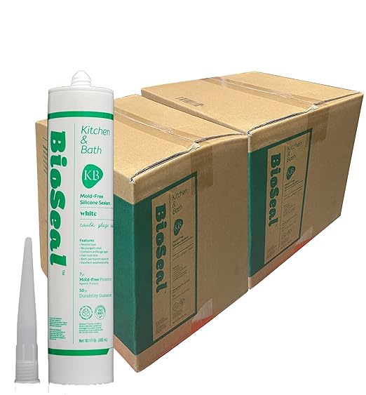 White BioSeal 100% Silicone Sealant Caulk Kitchen and Bath Grade, Waterproof and No Odor 10.1 Ounce Cartridge, 50 White Tubes / 2 Boxes