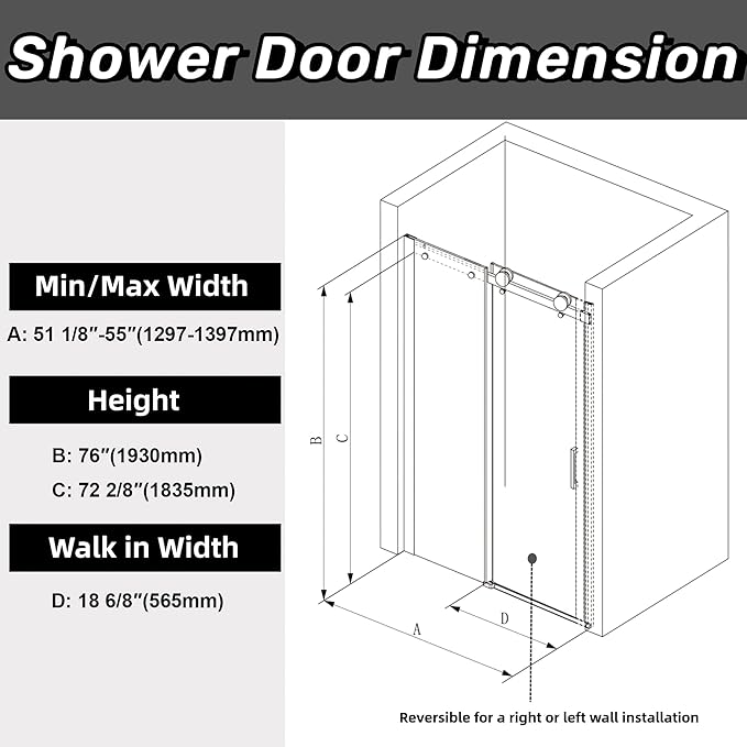 Sunrosa Semi-Frameless Glass Shower Door, 51-55" W x 76" H Single Sliding Shower Door with Tempered Glass 5/16"(8mm), Brushed Nickel