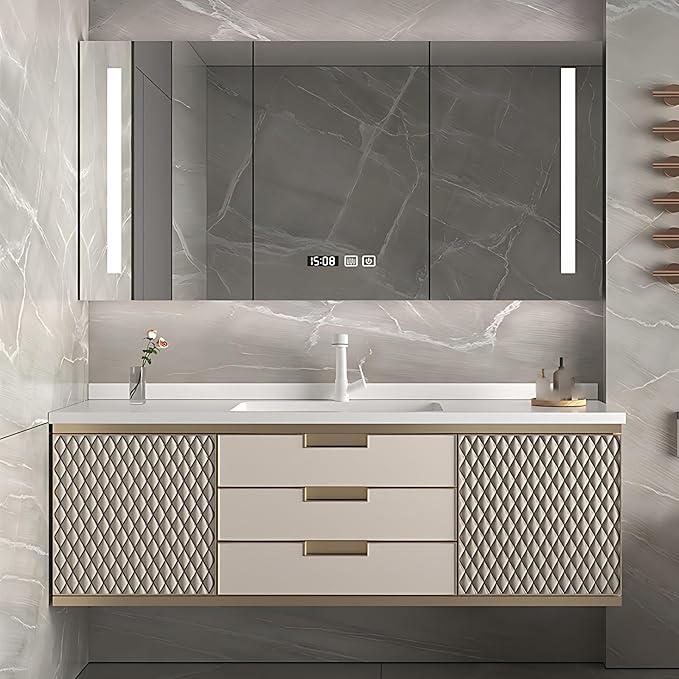 Modern Bathroom Vanity - Wall-Mounted Bathroom Cabinet with LED Light | Intelligent Defogging Mirror Cabinet Includes Time Display Function, 2 Drawers & 2 Storage Cabinets (Style A, 44IN)