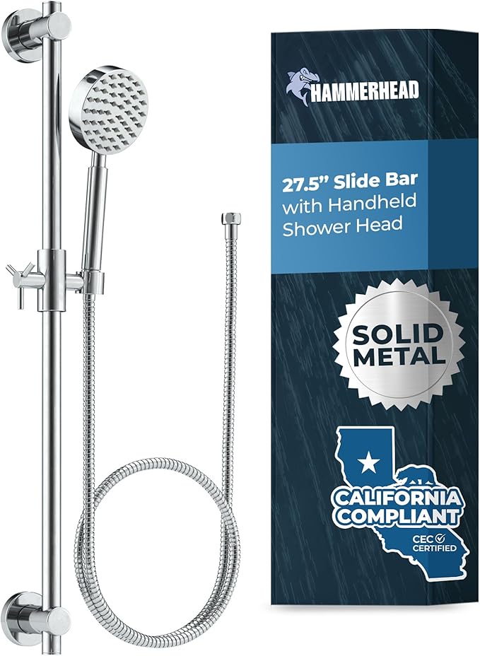 HammerHead Showers® SOLID METAL 27.5 Inch Shower Slide Bar Set and Handheld Shower Head with Hose — CHROME — 1.75 GPM Low Flow Spray Wand — Easily Adjust Height & Angle of Handshower