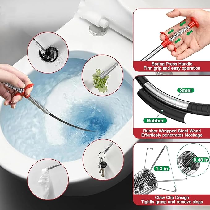 Drain Snake,76 inch Flexible Grabber Claw Pick Up Reacher Tool,Drain Clog Remover - Gutter Cleaning Tools for Home Sink, Bathroom Tub,Drain, Toilet, Tight Spaces