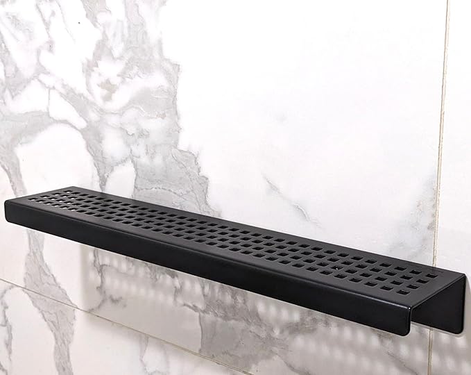 SereneDrains Stainless Steel Black Shower Shelf for Inside Shower Drill in Wall Mount Small Bathroom Shelf Decor Organizer Rack Caddy Floating (Matte Black, 16 Inch)