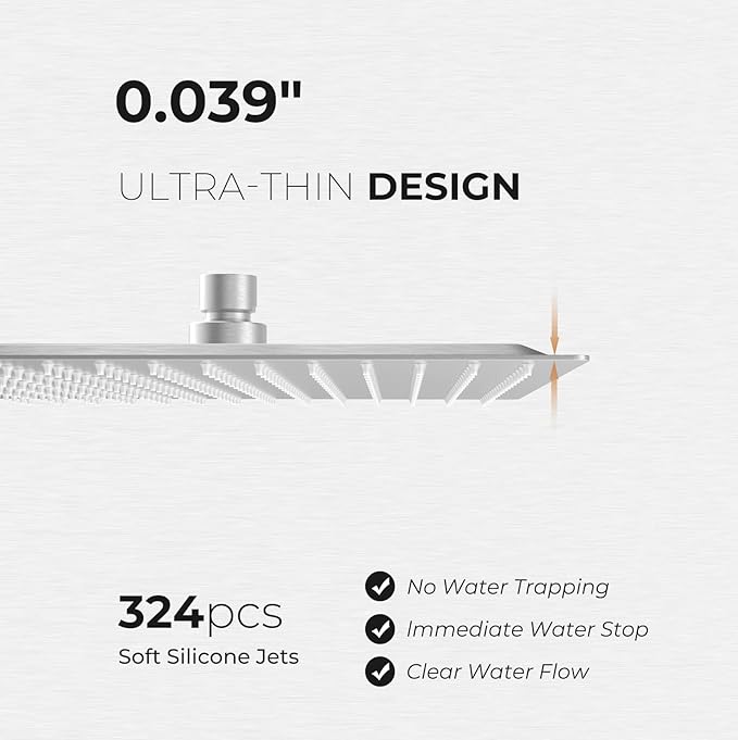 Oversize Rain Shower Head, Ultra Thin 16 Inch Square Stainless Steel Rainfall Shower Head with 360° Rotation, High Pressure Waterfall, Full Body Coverage, Brush Nickel