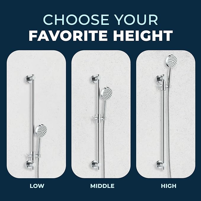 HammerHead Showers® Solid Metal 27.5 Inch Shower Slide Bar Set and Handheld Shower Head with Hose — CHROME — 2.5 GPM High Pressure Spray Wand — Easily Adjust Height & Angle of Handshower