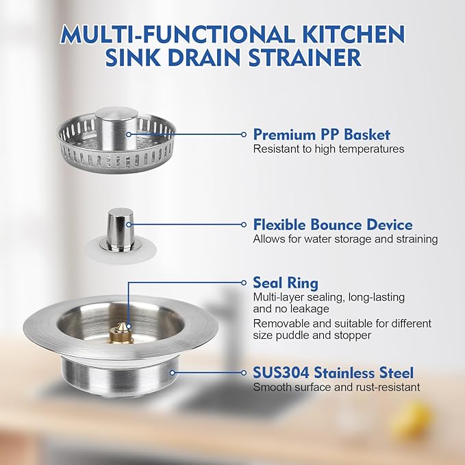 Upgraded 3 in 1 Kitchen Sink Drain Strainer - Stainless Steel Sink Stopper, Anti-Clogging Sink Food Catcher Basket, Fast Drainage Odor Filter Sink Plug