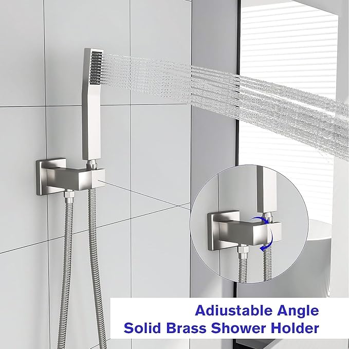 Lordear Rain Shower System 10 Inch Faucet Set Brushed Nickel Finish Stainless Steel Square Rainfall Shower Head with Handheld, Solid Brass Valve Included