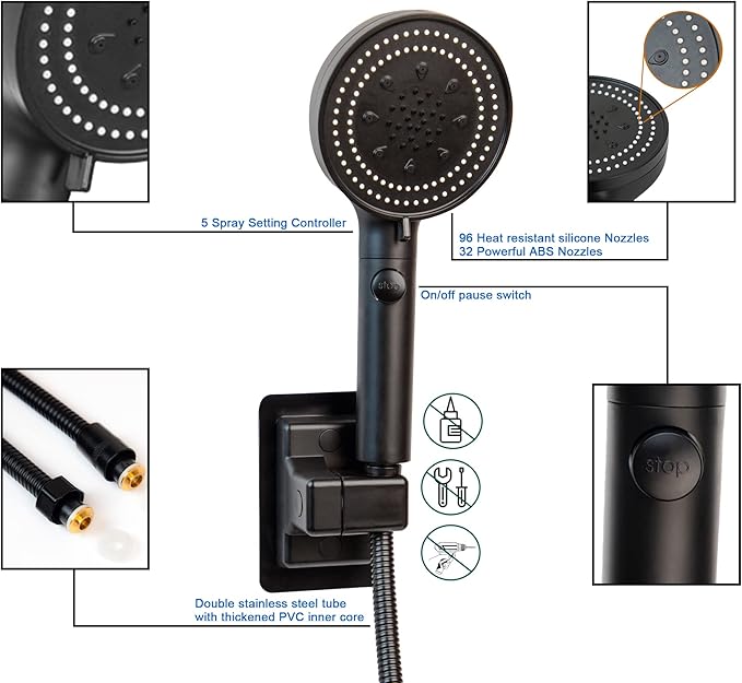 High Pressure Handheld Shower 5-Settings、Leakproof Extra Long 78 Inch Stainless Steel Hose、Adhesive Shower Head Holder（Height/Angle Adjustable）、Matte black(Classic)、ON/OFF Pause Switch