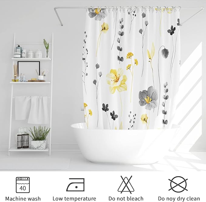 Gibelle Extra Long Shower Curtain 72 x 84, Watercolor Floral Fabric Shower Curtain, Yellow Grey Flower Decorative Bathroom Shower Curtain Set