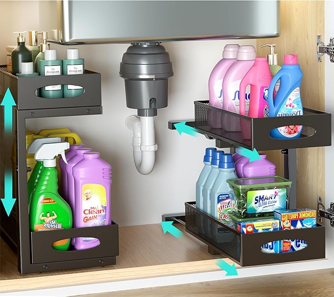 Under Sink Organizer, 2-Pack of 2-Tier Metal Slide Out Pull Out Cabinet Organizer Shelf, Height Adjustable Organization and Storage Series, Bathroom/Desktop/Cabinet/Kitchen Organization, Black