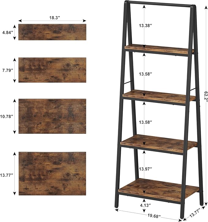 Homeiju 4-Tier Leaning Ladder Bookshelf, Rustic and Wood Ladder Shelf Bookcase, Industrial Ladder Shelf Storage Rack for Home Office, Bedroom, Bathroom or Kitchen