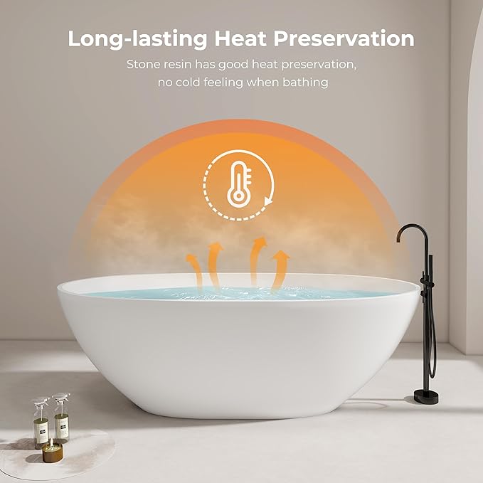 Upgraded 65" Solid Surface Freestanding Bathtub, Oval Stone Resin Tub with Overflow and Pop-up Drain, Matte White