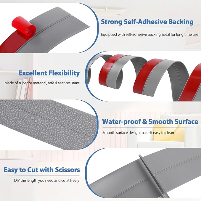 Weather Stripping Door Draft Stopper Flexible Self Adhesive Silicone Door Seal Strip for Glass Doors Windows and Shower Glass Gaps, 2 Inch Wide X 20 Feet Long, Gray