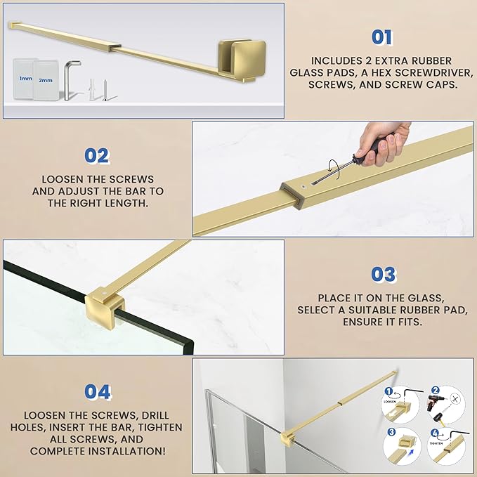 Shower Door Glass Support Bar, 26.96" to 48.54" Adjustable Stainless Steel Wall-to-Glass Shower Stabilizer Rod for 1/4", 5/16", 3/8", Brushed Gold