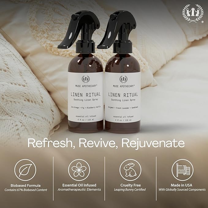 Muse Apothecary Linen Ritual - Aromatic, Soothing, and Relaxing Linen Mist, Laundry and Fabric Spray - Infused with Aromatherapy Essential Oils - 4 oz, Bergamot + French Lavender + Sandalwood, 2 Pack
