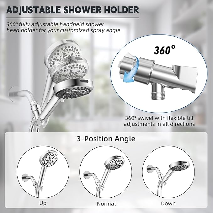 Hibbent Universal All Metal Handheld Shower Head Holder, Adjustable Solid Brass Shower Wand Holder, 2 Size Shower Bracket Holes for Bathroom, Fits All Handheld Showerhead Hoses & Shower Arm, Chrome