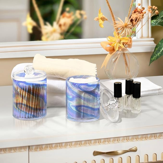 MNSRUU 2 Pack Qtip Holder Organizer Dispenser Liquid Shiny Blue Bathroom Storage Canister Cotton Ball Holder Bathroom Containers for Cotton Swabs/Pads/Floss