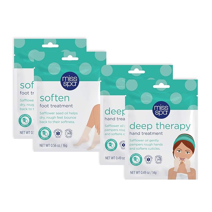 MISS SPA Moisturizing Hand Foot Treatment Set for Women, Nourishing Deep Therapy Softening Gloves and Foot Masks, Moisturizing Hand Masks Gloves for Dry Skin Soften Cuticles, Skin Care Set, 4-Pack