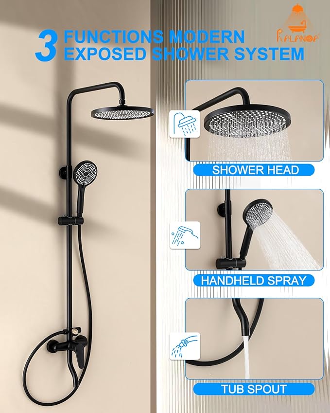 Outdoor Shower Fixture,3 Functions Handle Tub Rainfall Shower Faucet Sets with Dial Thermometer Brass Valve, Exposed Shower System with 10'' Rainfall Shower Head Adjustable (Matte Black)