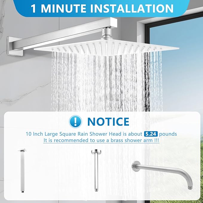 Rain Shower head, High Pressure Shower Head Made of 304 Stainless Steel, Relaxed Shower Experience Even at Low Water Flow and Pressure (10" Brushed Nickel)