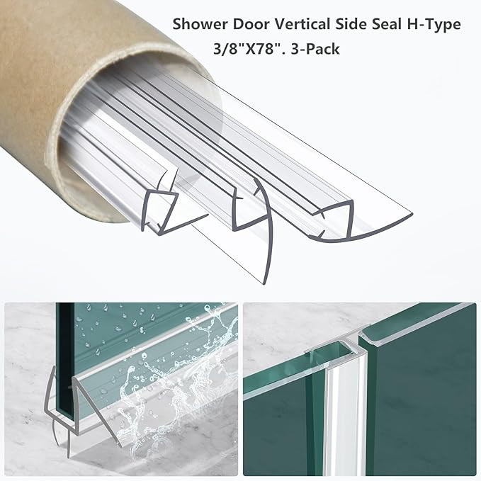Shower Door Bottom&Side Seal Set 3PCS, 78" (1981mm) Length H-Type PVC Strip for 3/8" (10mm) Thick Frameless Glass Door, to Stop Water Leaks