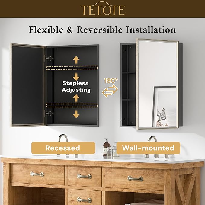 TETOTE Brushed Nickel 16" x 24" Recessed Medicine Cabinet Bathroom Mirror with Storage Medicine Cabinet with Beveled Frame Adjustable Shelves Wall-Mounted