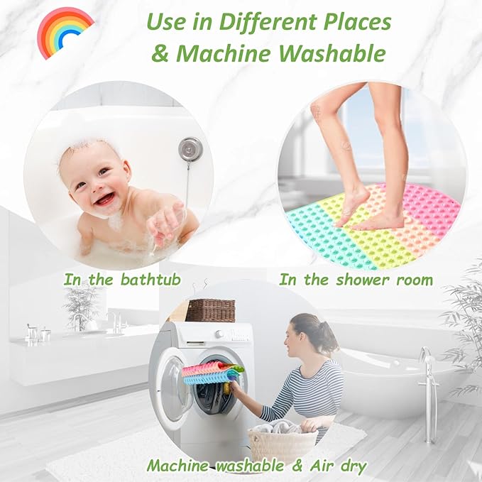Baby & Toddler Bath Mat for Tub，Silicone Non Slip Bathtub Mat for Kids with 27 x 15 Inches for Storage, Rainbow Bathbub Mat with Push Pop Bubbles, Machine Washable Shower Mat, Colorful, Oval