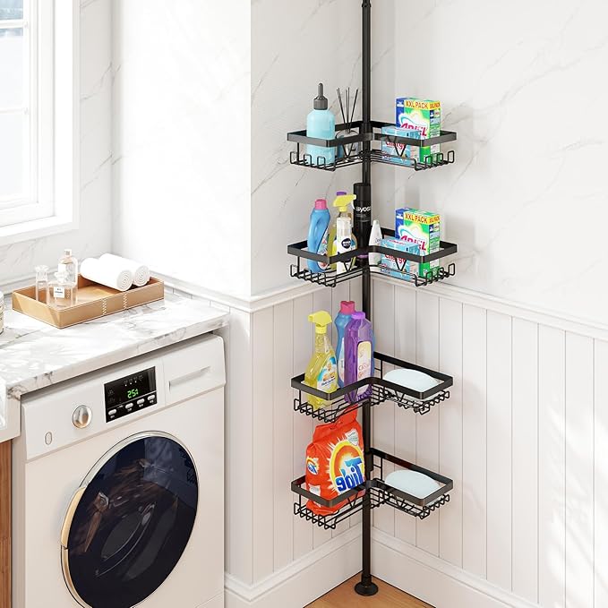 Corner Shower Caddy - 24 Hanging Hooks, Tension Pole Adjustable 25-114.2 Inch, Bathtub Organizer for Tub Corner - No Drilling, Black