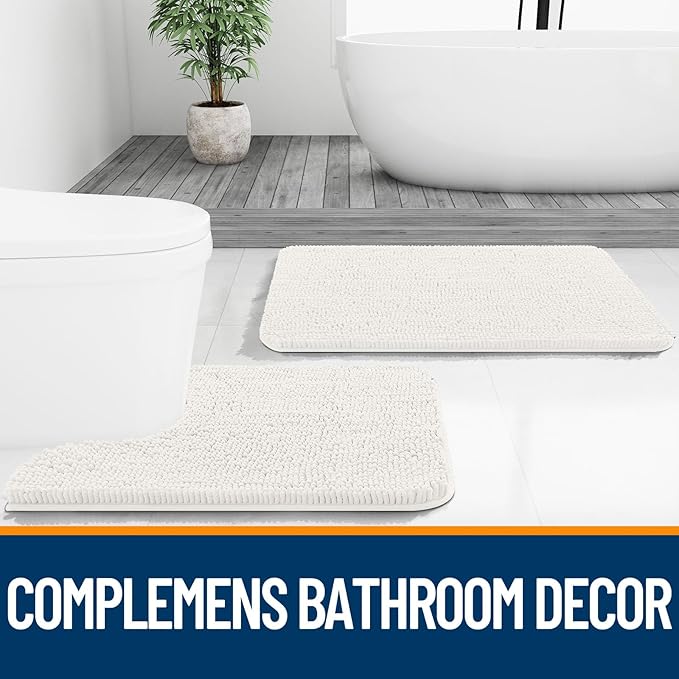 OLANLY Bathroom Rugs Sets 2 Piece, Soft Absorbent Chenille Bath Mats and U-Shaped Contour Toilet Mat Area Rug Set, Machine Washable Bath Carpet, Home Decor Accessories(36"x24"+24"x20", Ivory)
