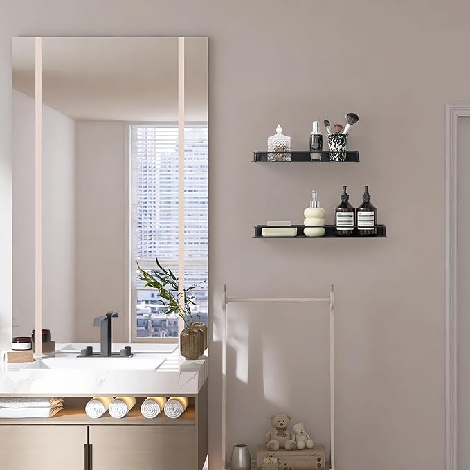 Metal Wall Shelf, Metal Floating Shelf, Black Floating Shelf, Small Shelf for Wall, Display Shelves for Bathroom Bedroom Kitchen (Black, 20Inch)