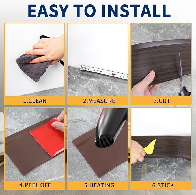 Flexible Baseboard Molding Trim 4 Inch Self-Adhesive Vinyl Wall Base Peel and Stick Cove Base Rubber Wall Baseboard Moulding Trim (100Ft, Brown Oak)