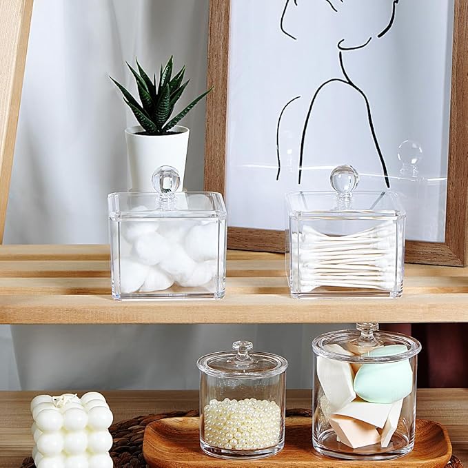Modern Square Qtip Holder Acrylic Bathroom Vanity Countertop Storage Organizer Canister Jar for Cotton Swabs, Rounds, Balls, Makeup Sponges, Bath Salts - 2 Pack - Clear